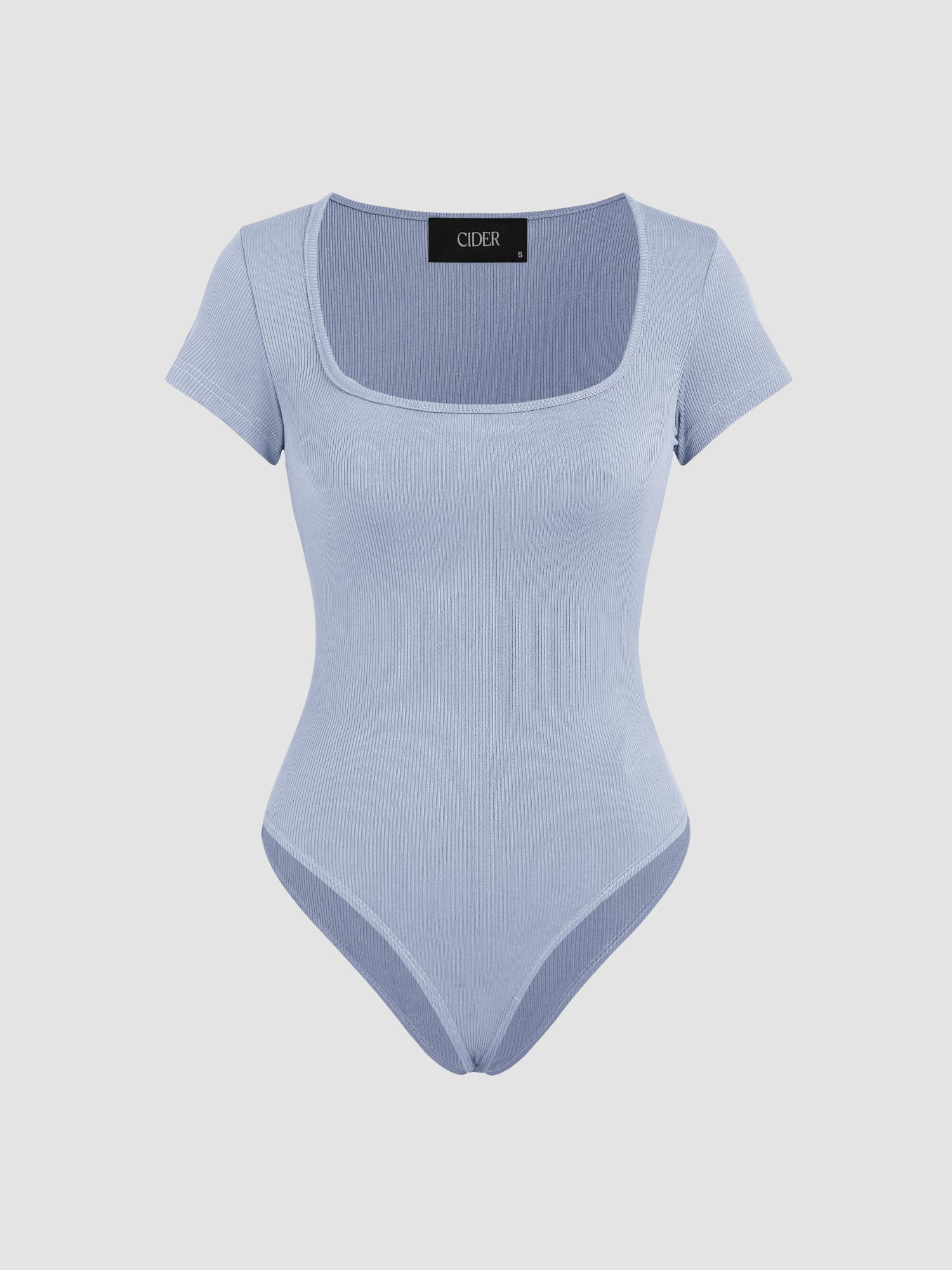 blue solid square neck short sleeve bodysuit