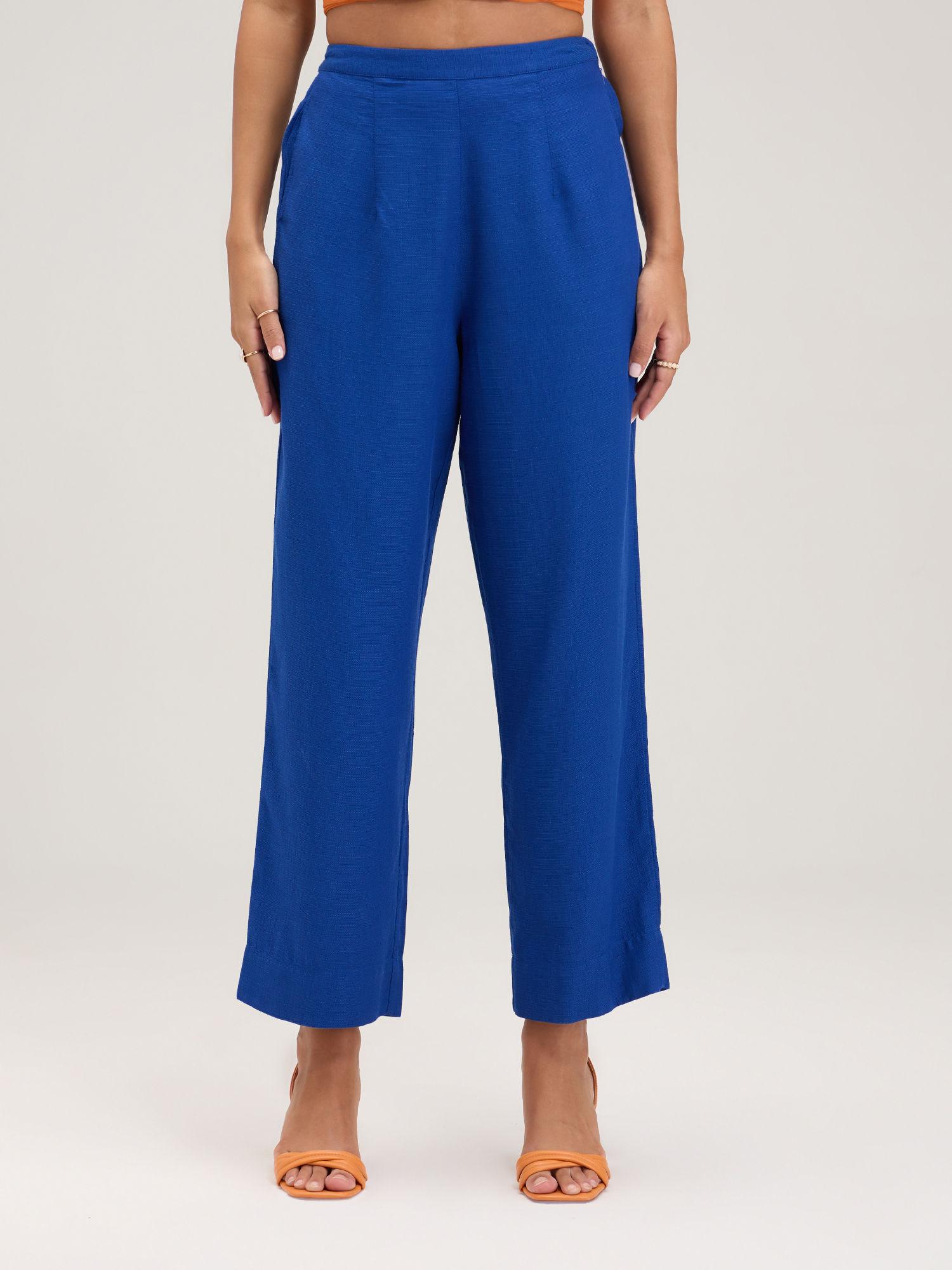 blue solid straight fit pants