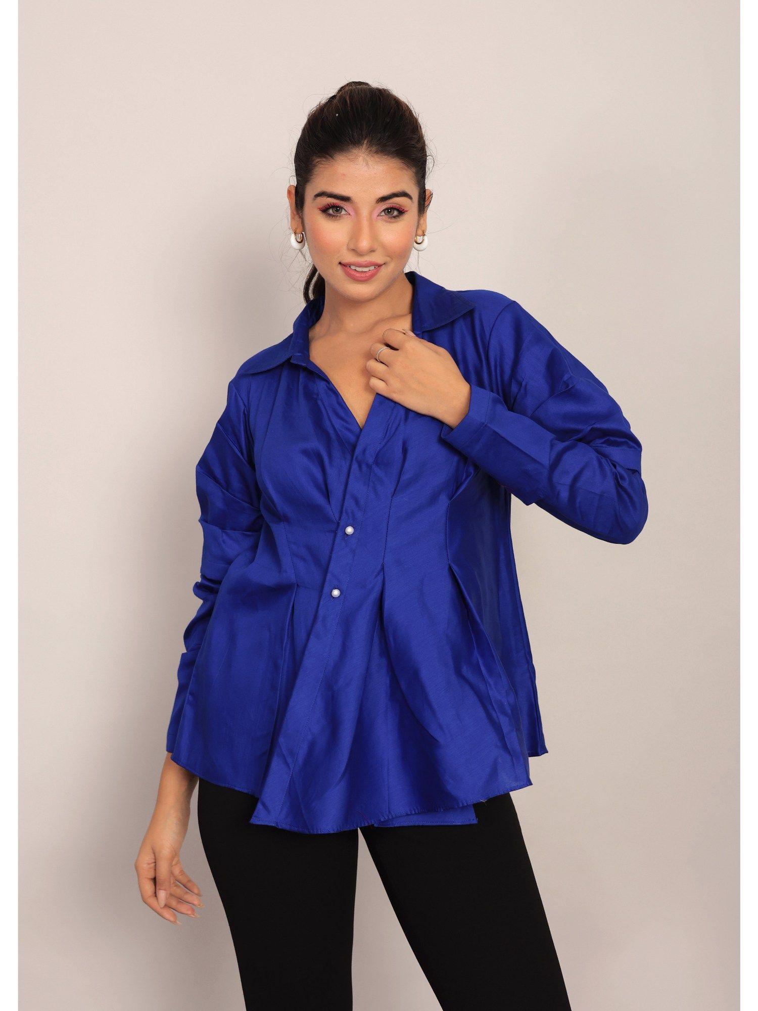 blue solid summer relaxed collar top