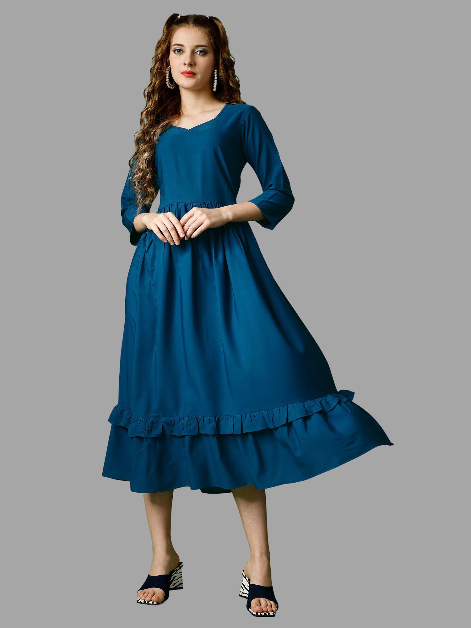 blue solid three fourth sleeves midi dress for women