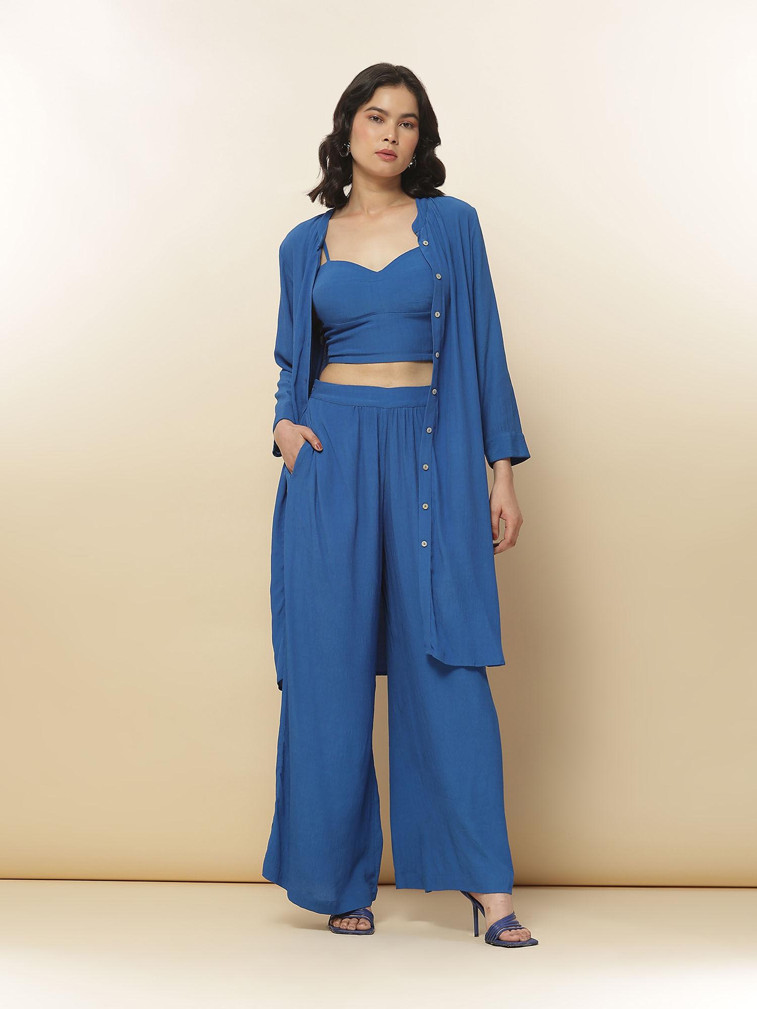 blue solid top with cape and pant co-ord (set of 3)
