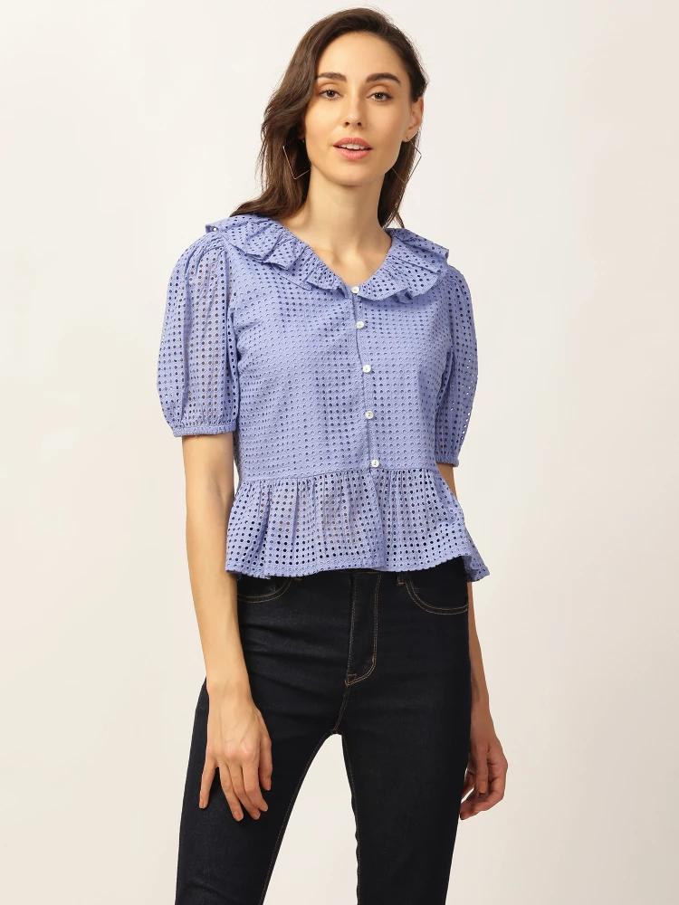 blue solid v neck top