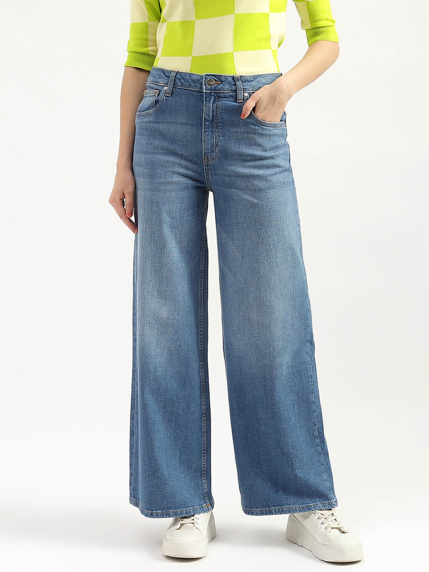 blue solid wide leg comfortable fit jeans