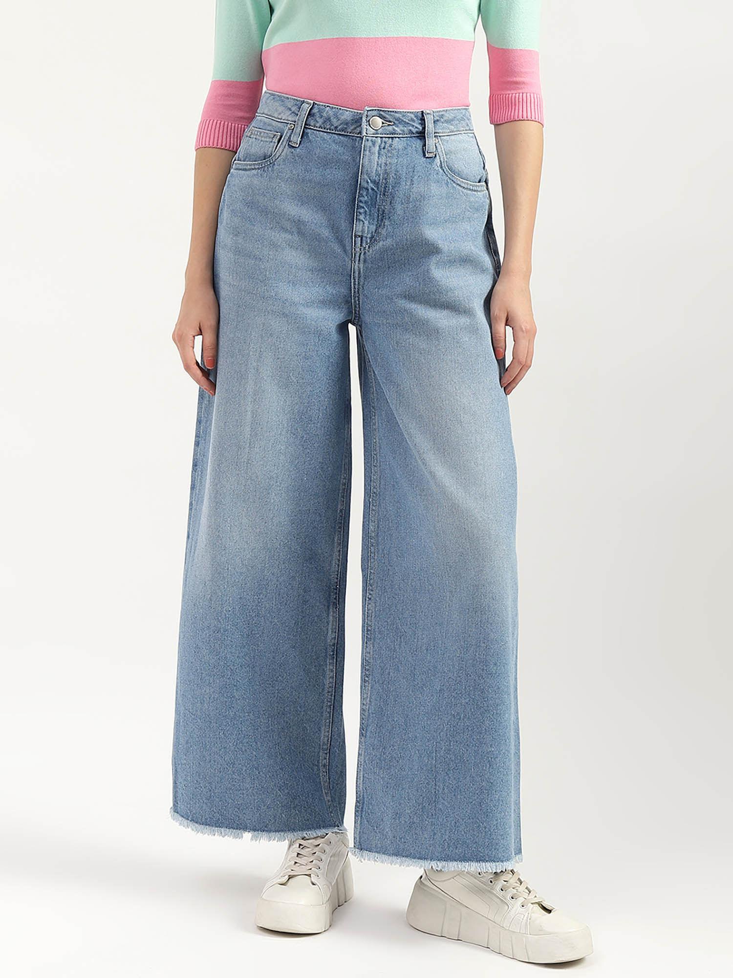 blue solid wide leg comfortable fit jeans