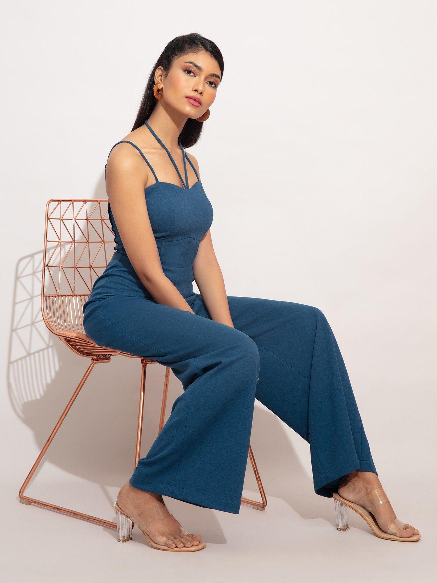 blue solid wide leg strappy jumpsuit