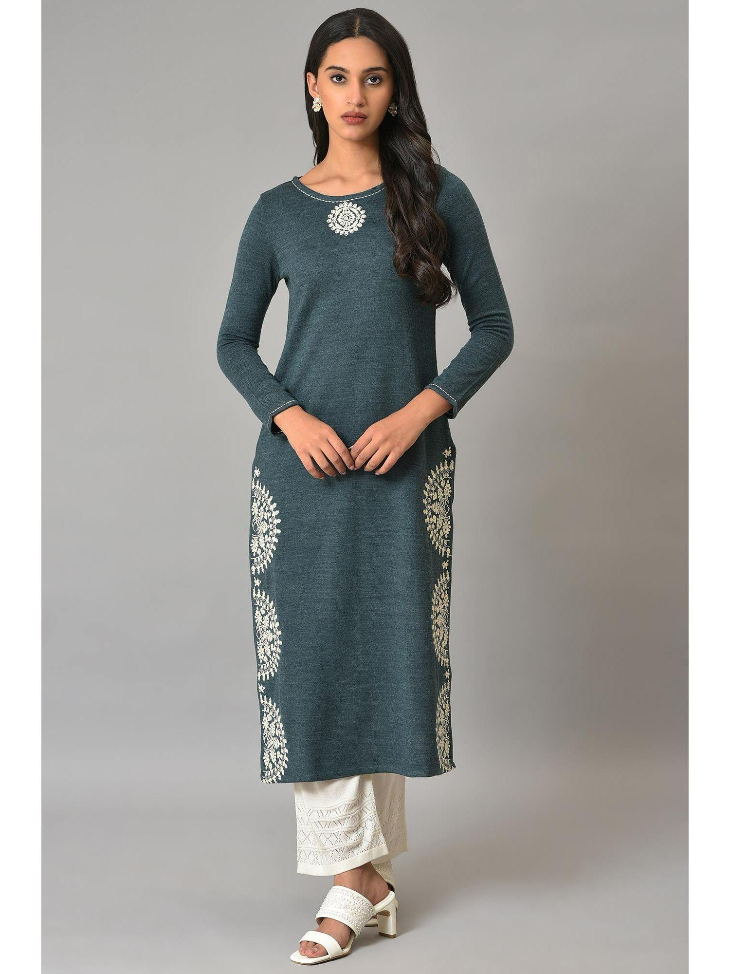 blue solid winter kurta