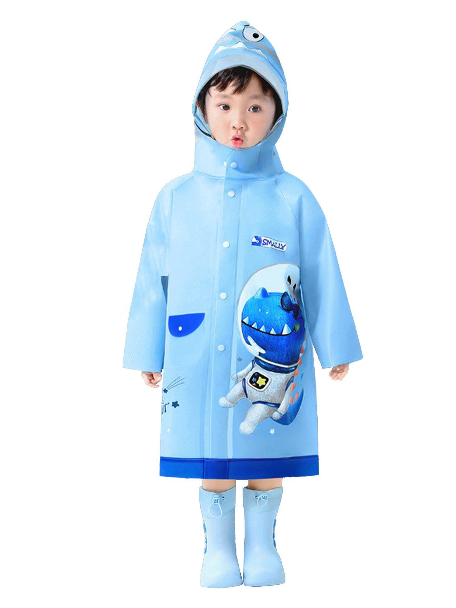 blue space head dinosaur print raincoat