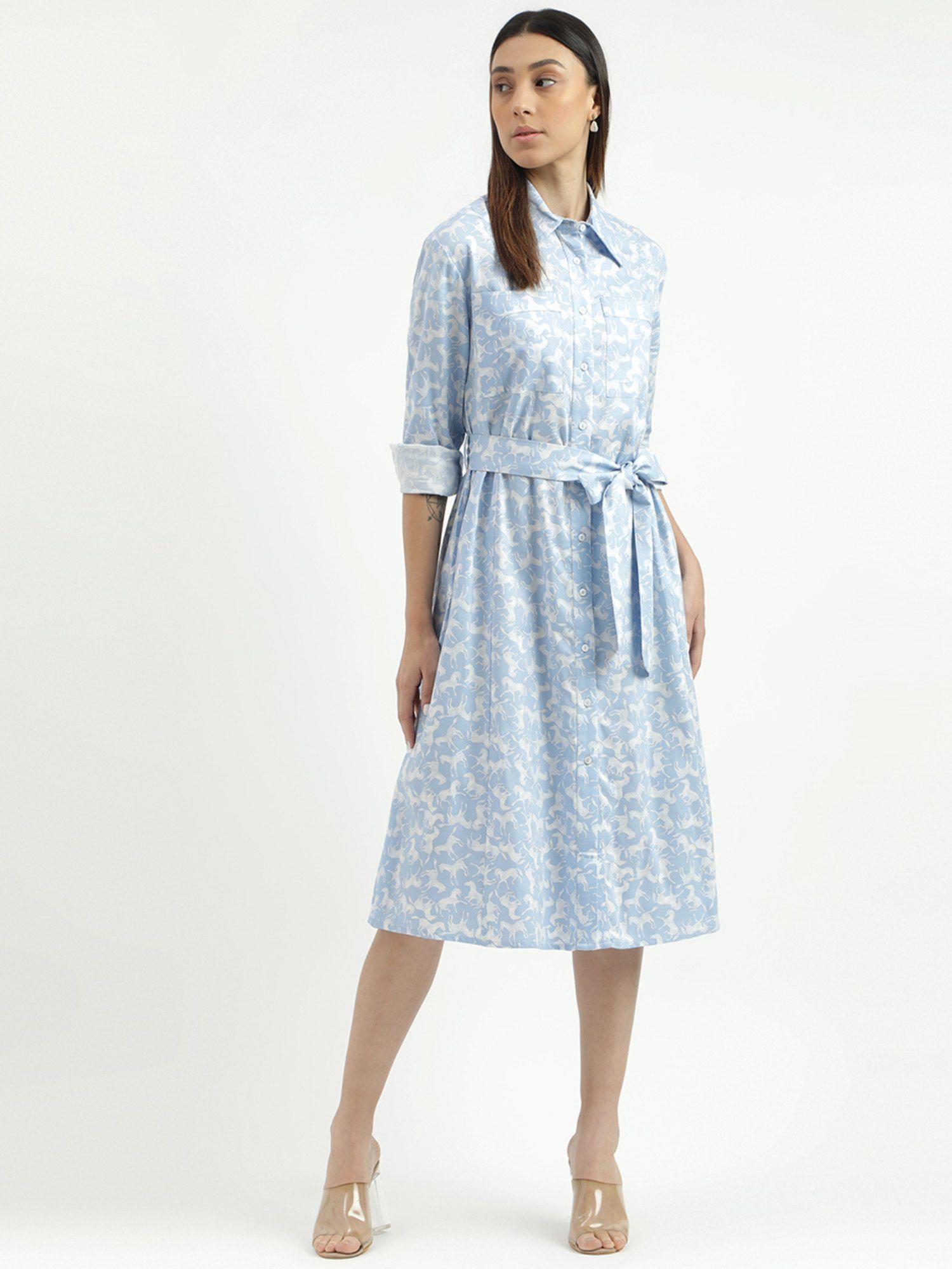 blue spread collar printed shirt dress with belt (set of 2)