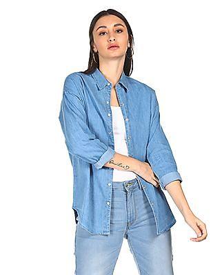 blue spread collar washed denim shirt