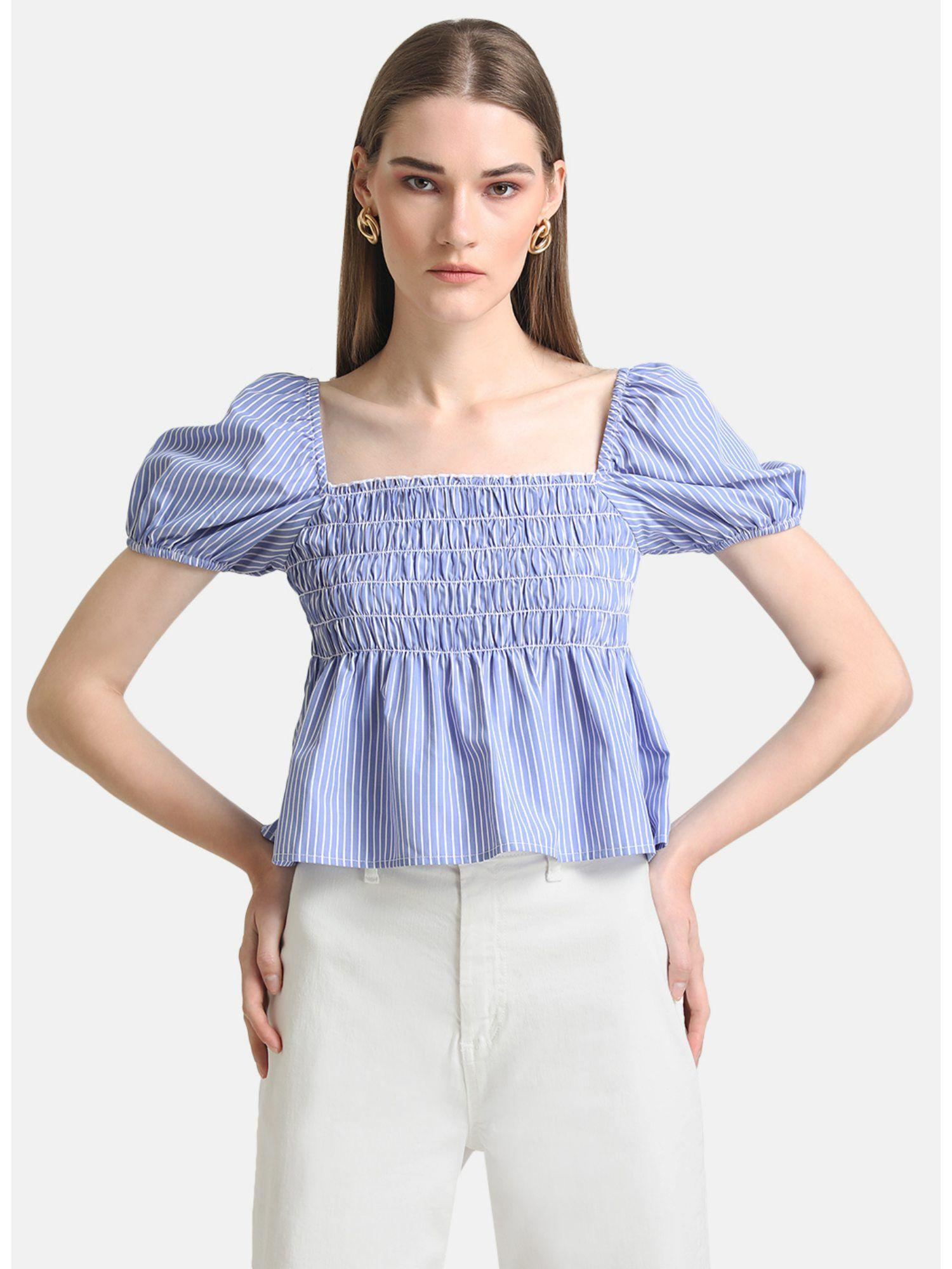 blue square neck crop top with puff sleeves and smocking detail