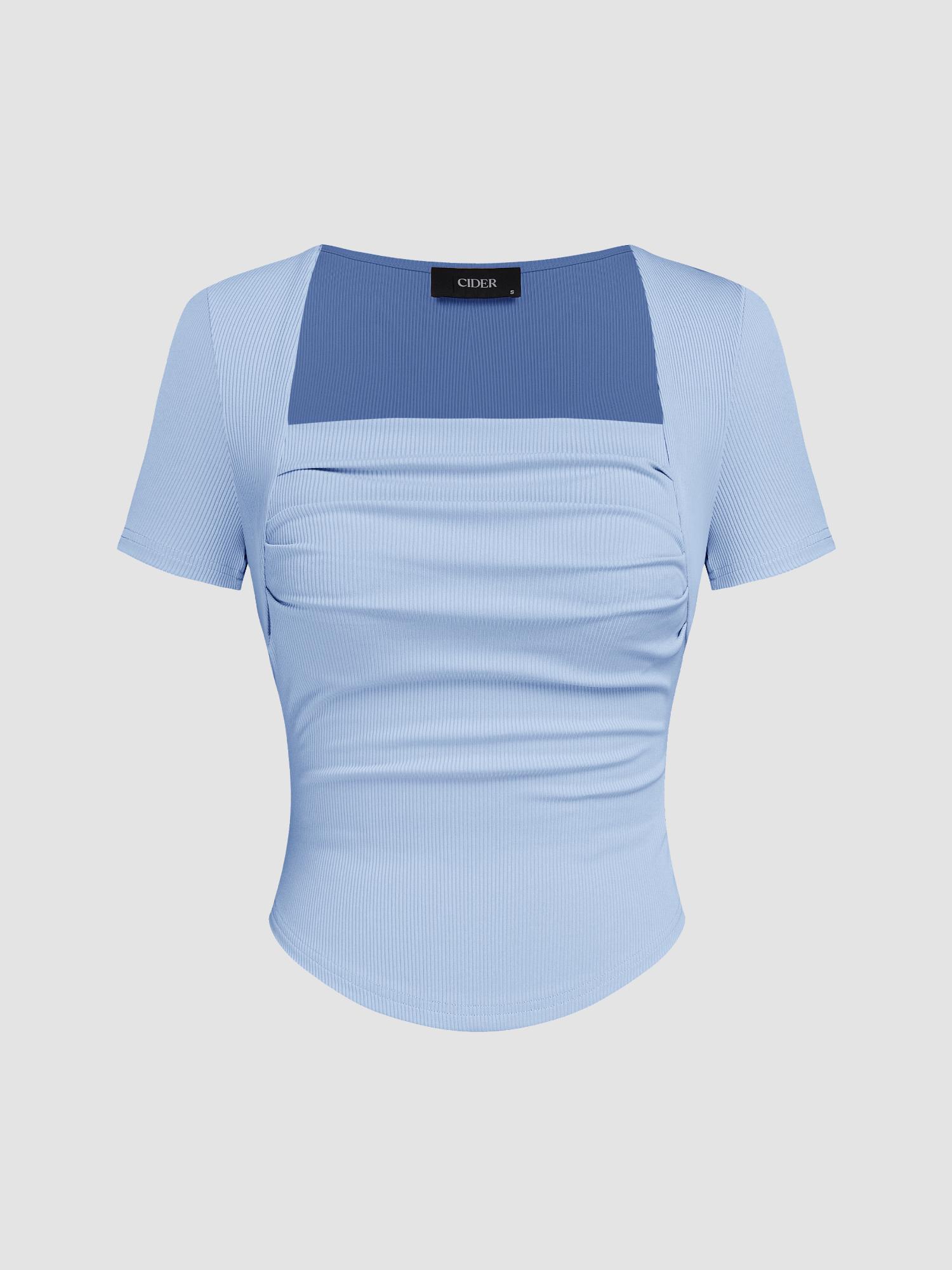 blue square neck ruched short sleeve tee