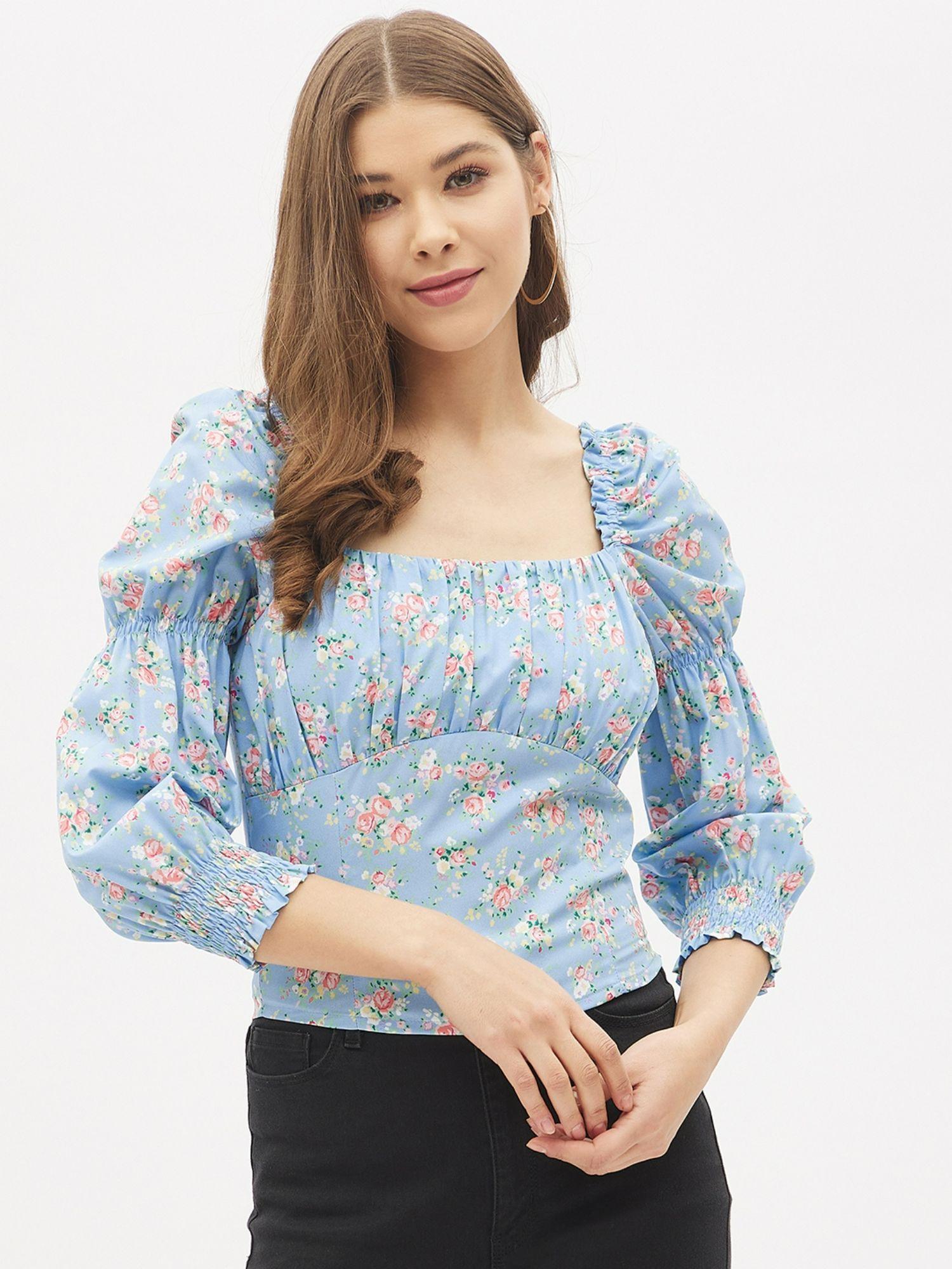 blue square neck three-quarter sleeves printed casual top