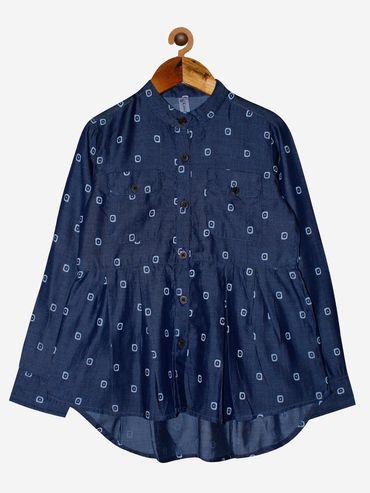 blue square print girls full sleeve printed top with pleated bottom