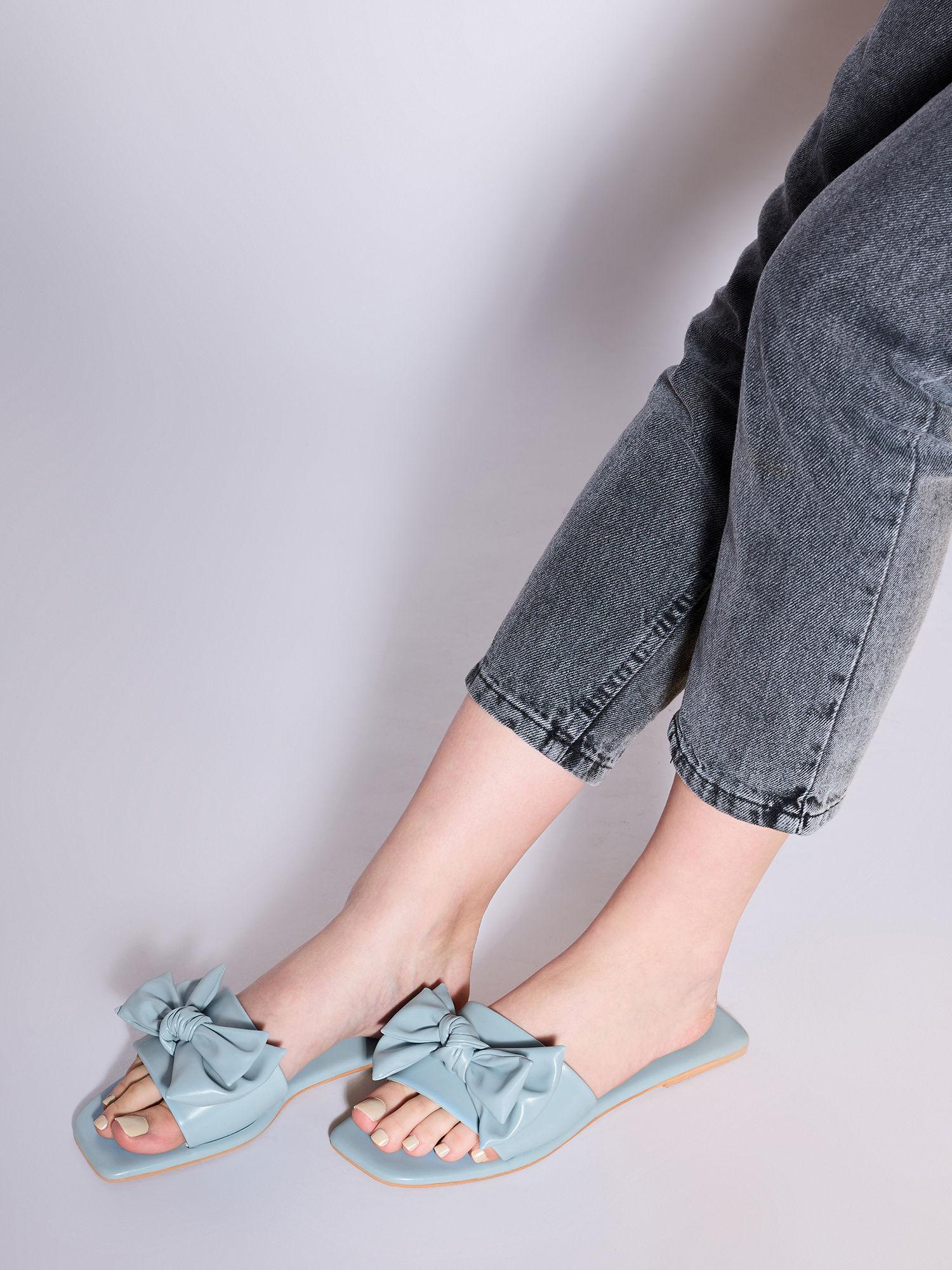 blue square toe bow slider flats