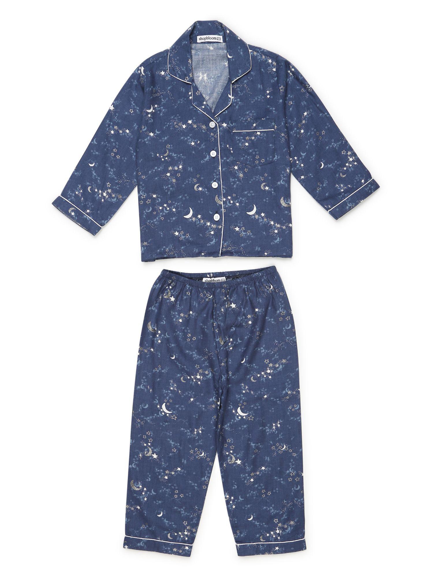 blue star and moon print cotton flannel long sleeve kid's night suit