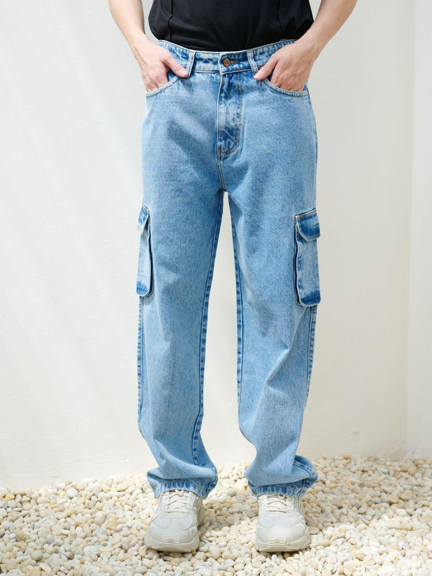 blue stone wash baggy fit cargo men jeans - blue