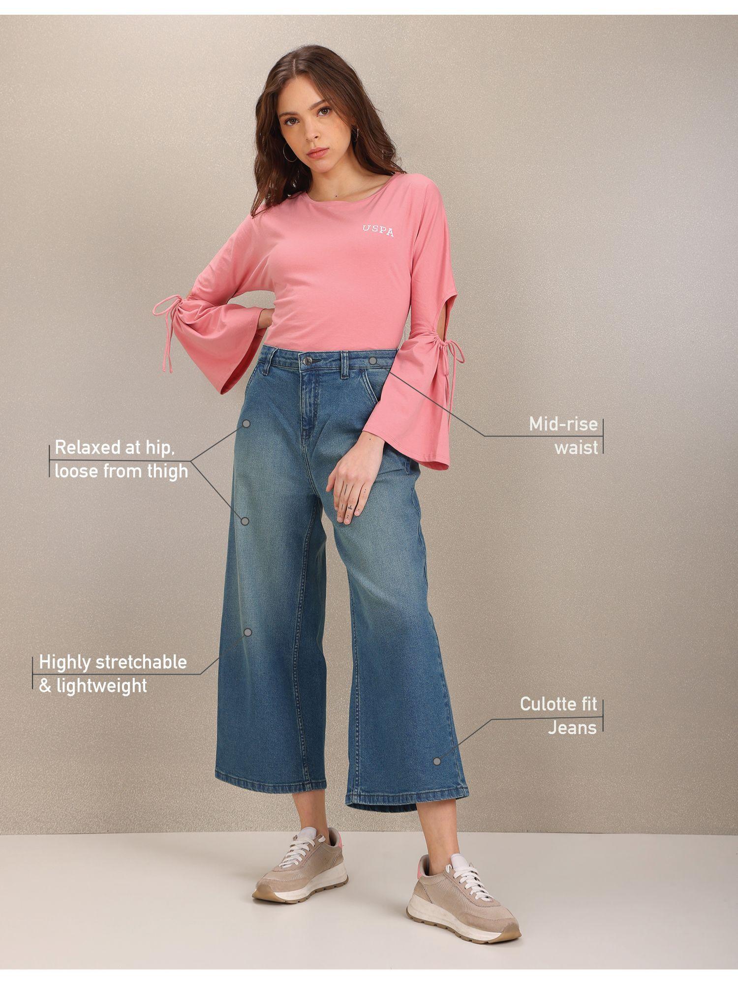 blue stone wash culotte jeans