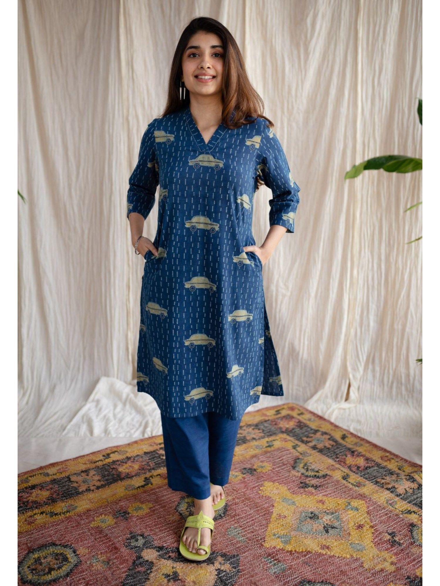 blue straight ajrakh cotton printed kurta