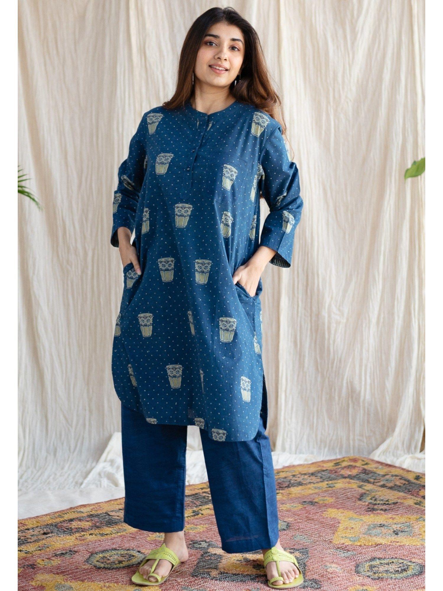 blue straight ajrakh cotton printed mandarin neck kurta