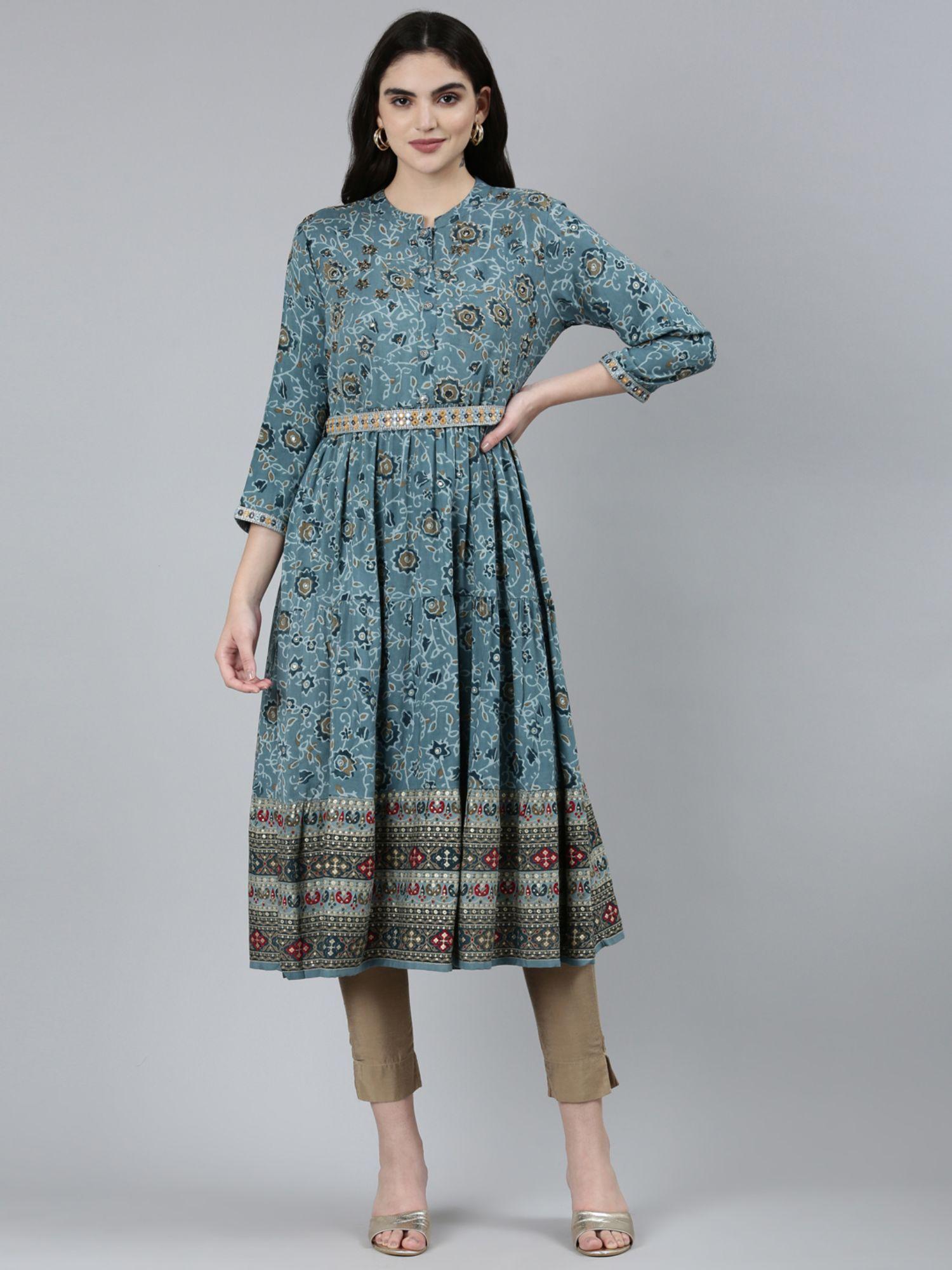 blue straight casual floral kurta with belt (set of 2)