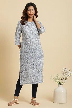 blue straight cotton kurta in green paisley print