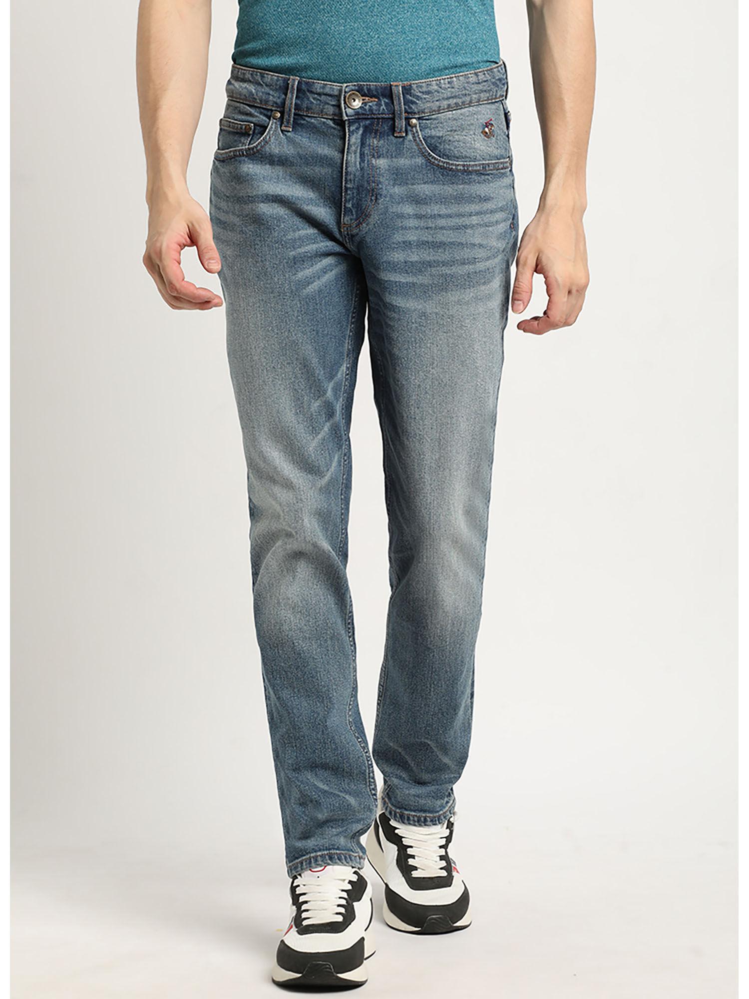 blue straight fit 5 pocket light fade jeans