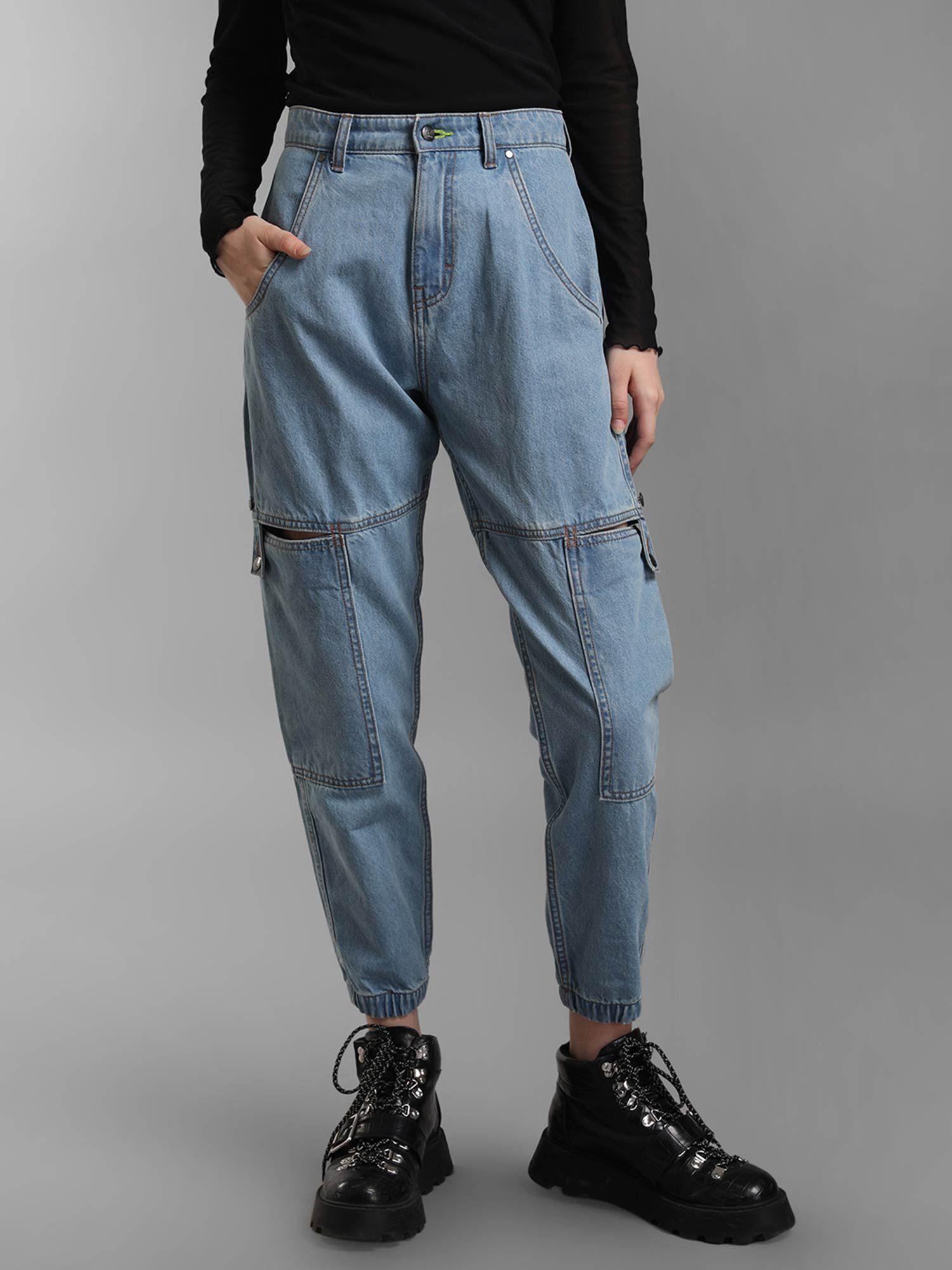 blue straight fit cut out denim