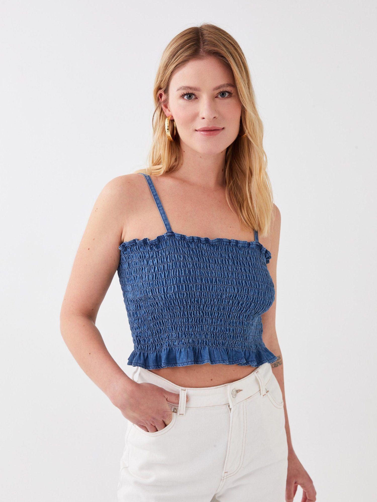 blue strappy smocked top