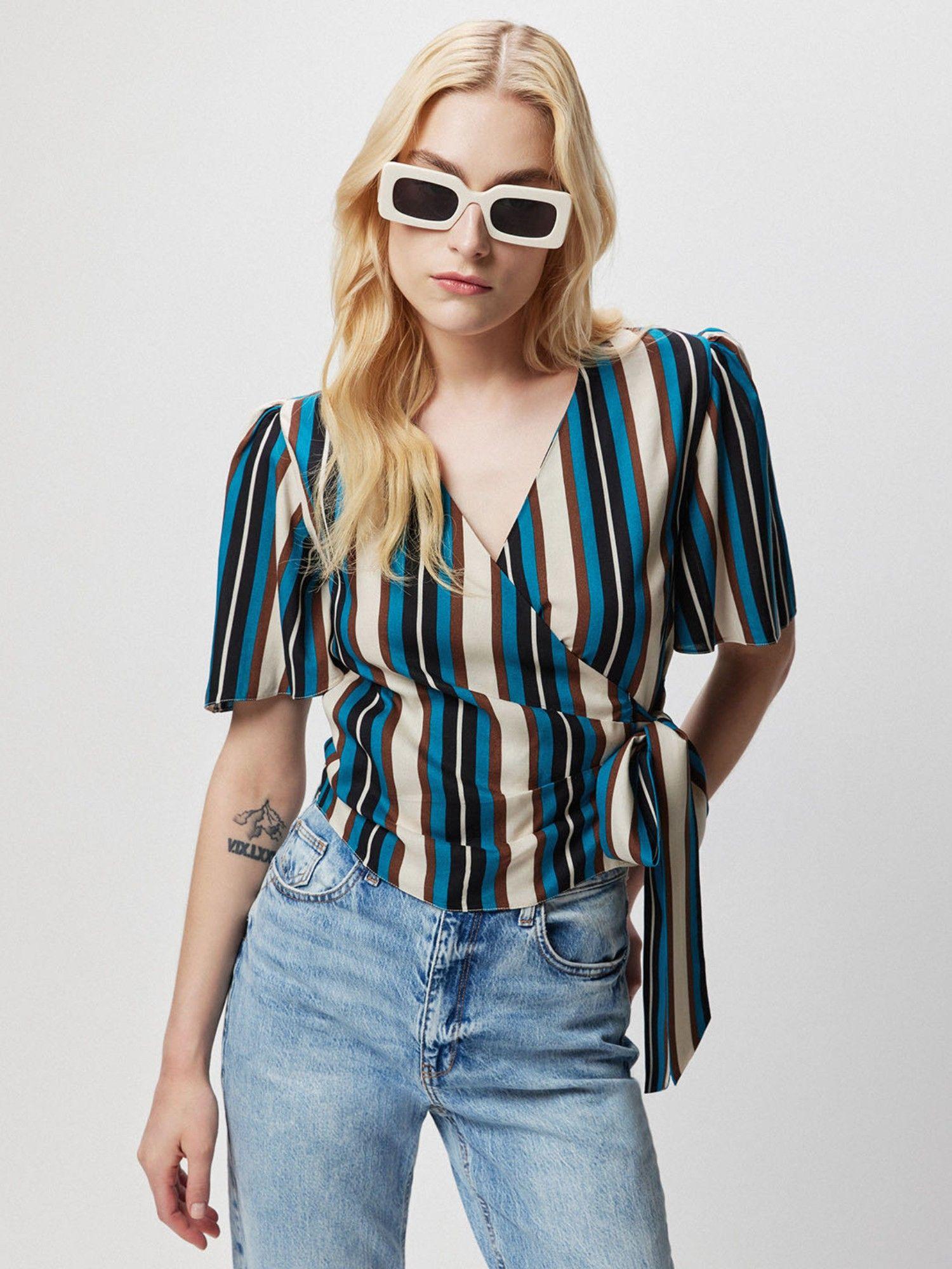 blue stripe wrap top