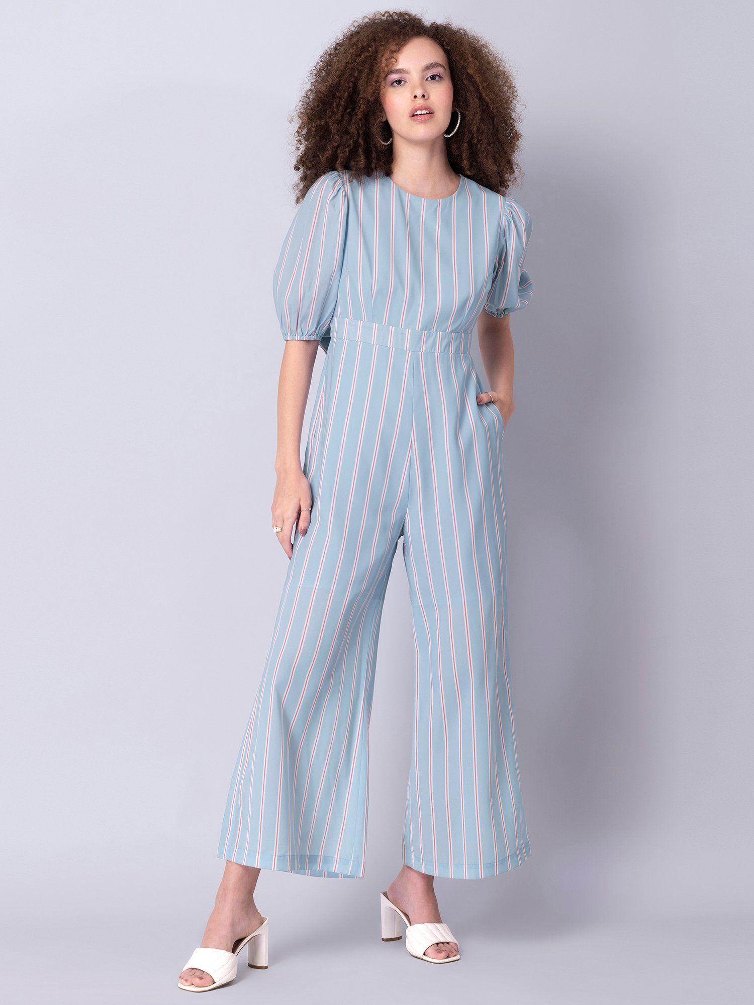 blue striped back cut tie up jumpsuit