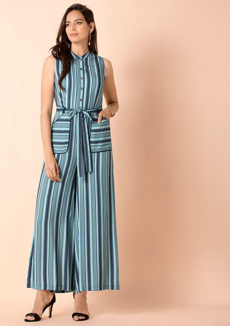 blue striped belted flared jumpsuit with pockets