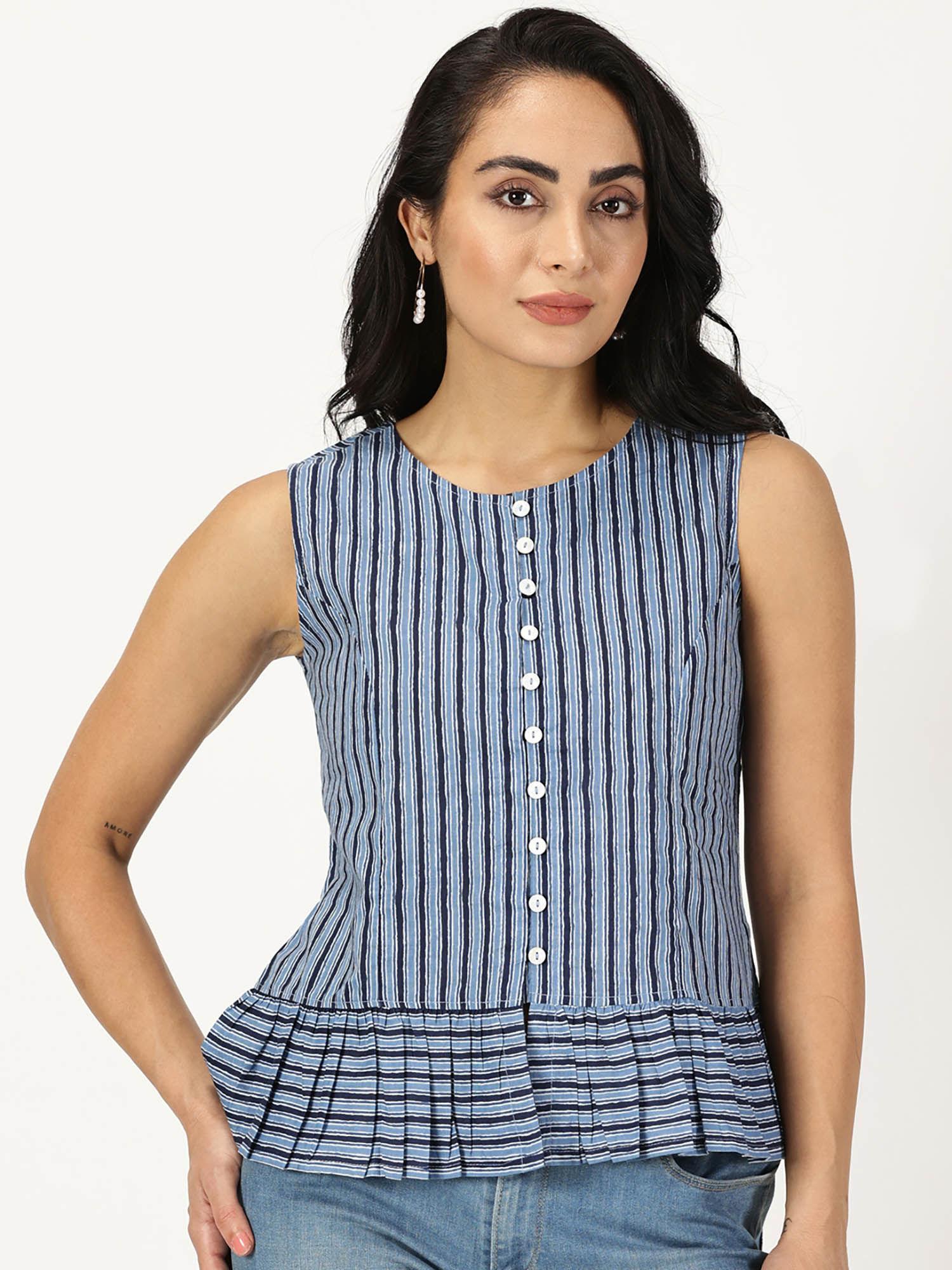 blue striped button-down peplum top