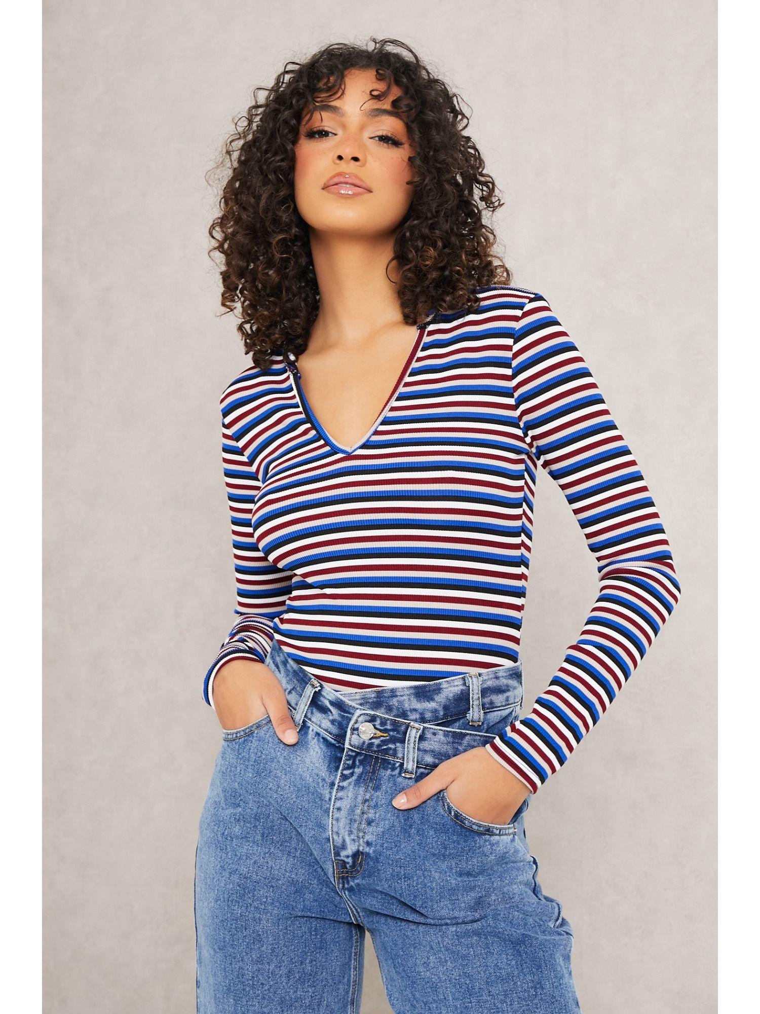 blue striped collared long sleeve bodysuit