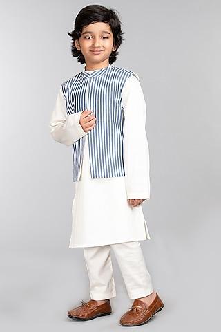 blue striped cotton bundi jacket with kurta set for boys