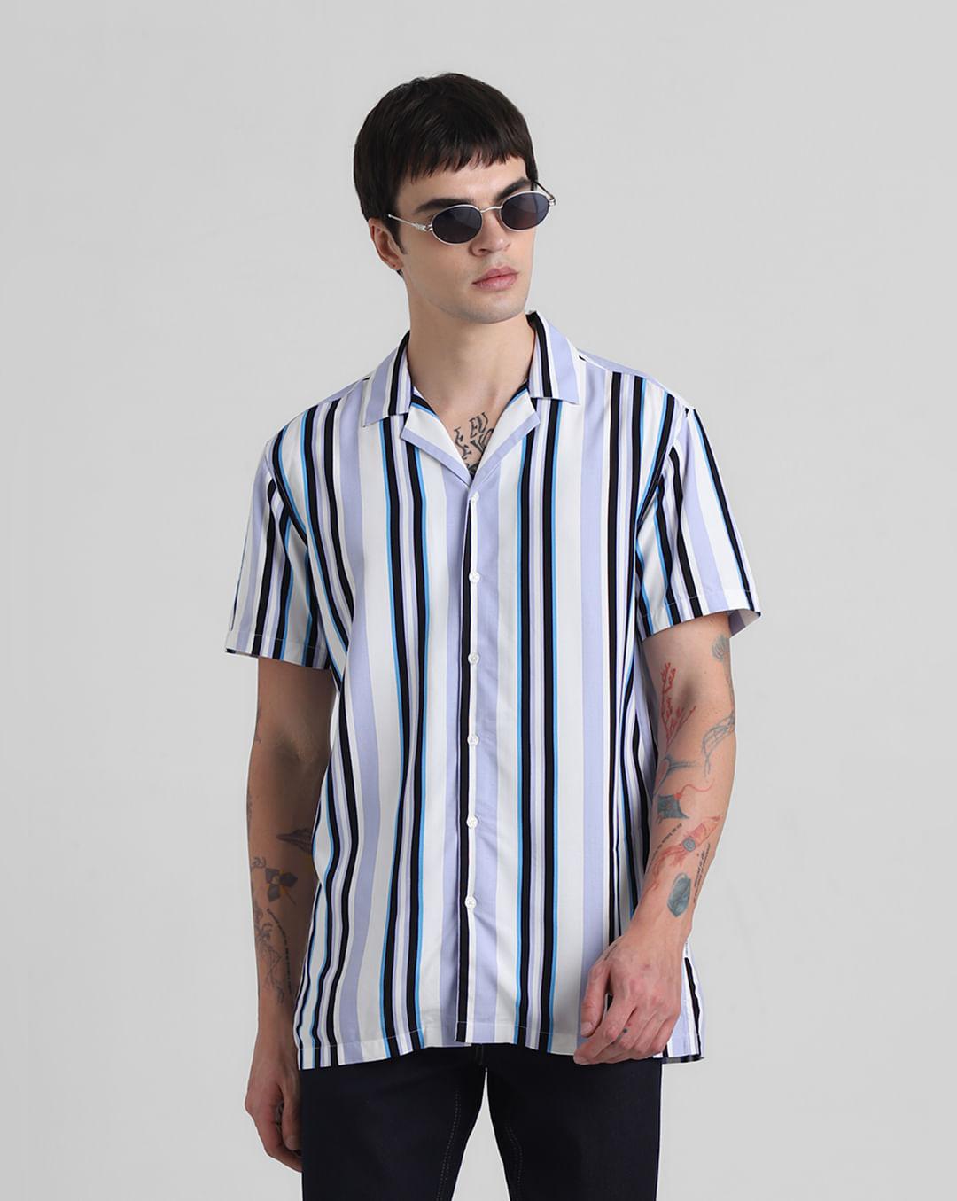 blue striped short sleeves shirt