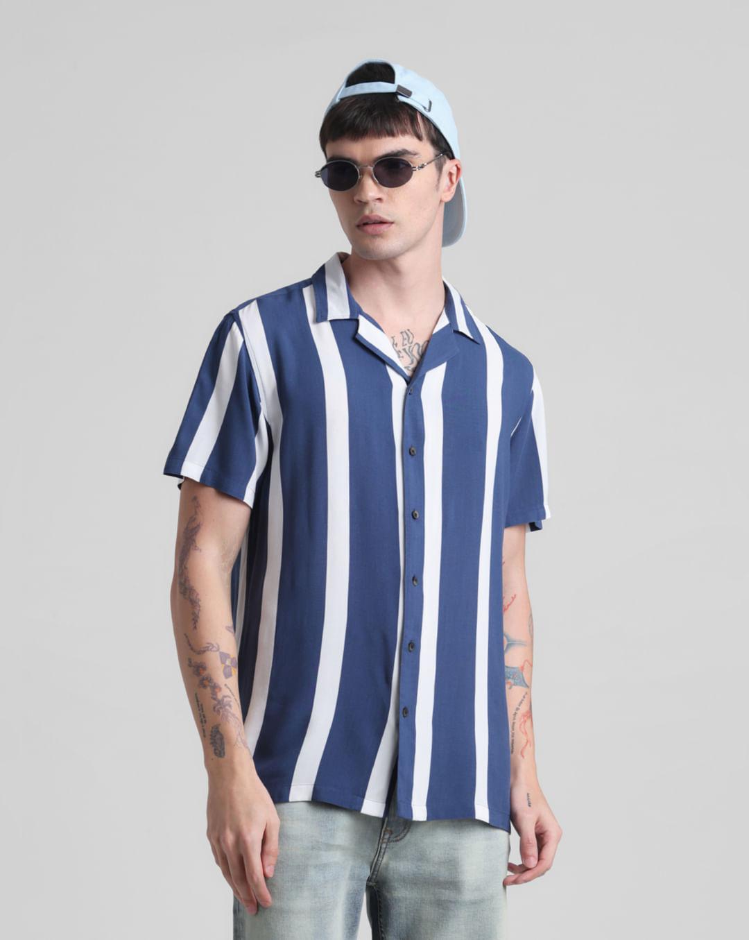 blue striped short sleeves shirt