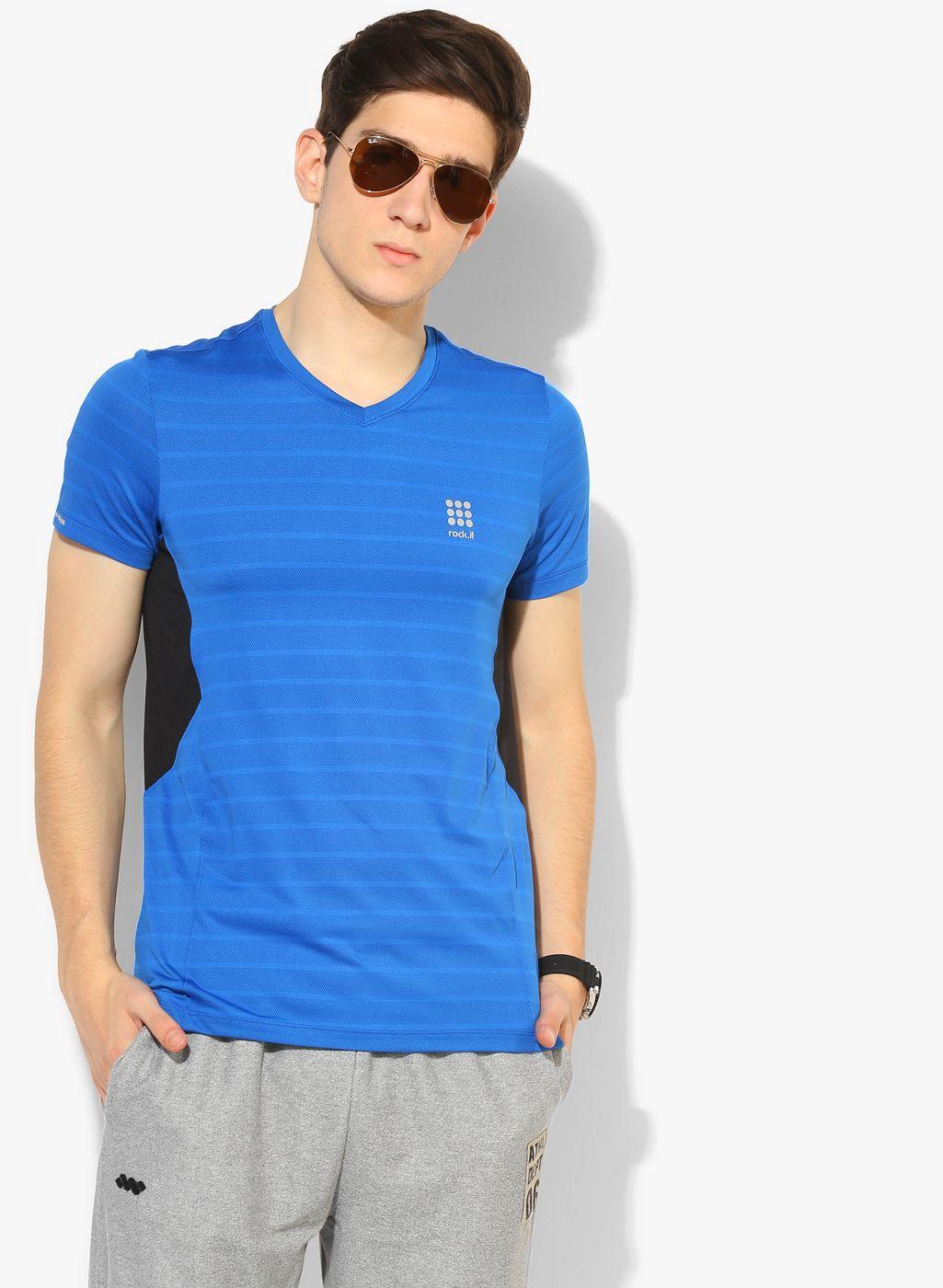 blue striped v neck t-shirt