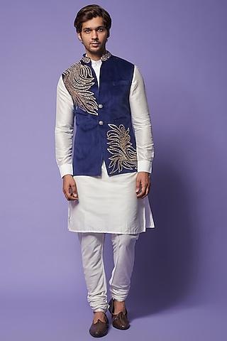 blue suede velvet embroidered bundi jacket