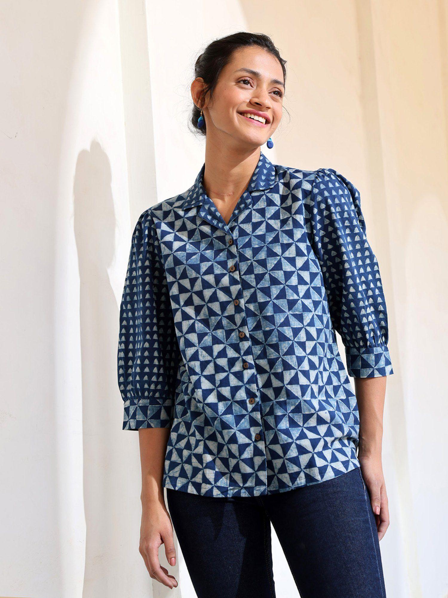 blue symmetry pure cotton hand block printed top