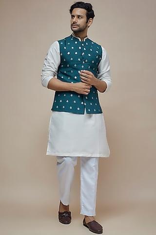 blue synthetic silk motif embroidered nehru jacket