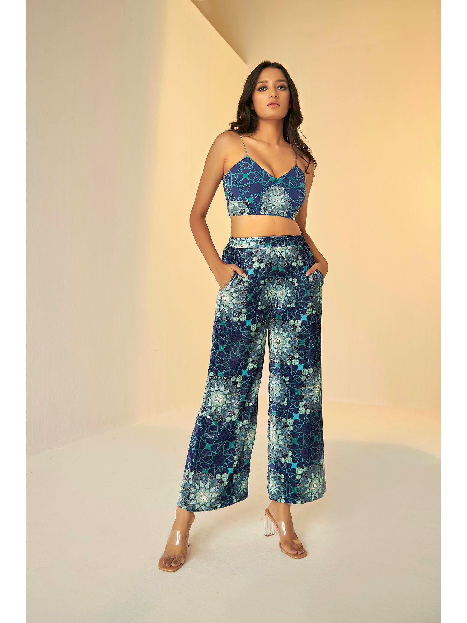 blue tashkent print bustier and pants set (set of 2)