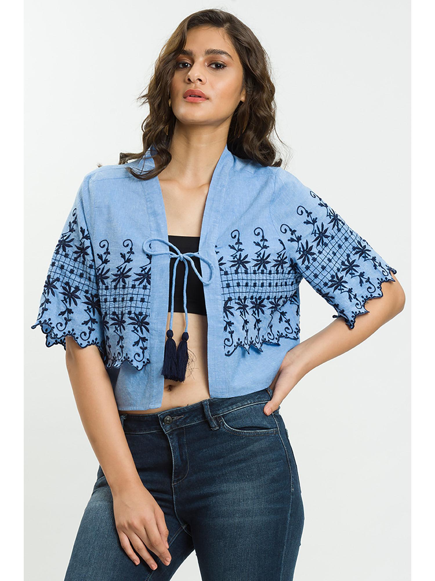 blue tassel jacket with embroidery and tie detail