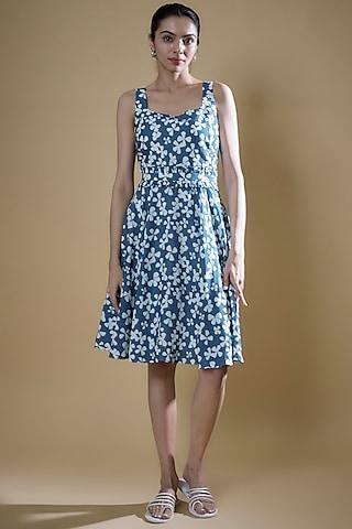 blue tencel linen printed flared dress