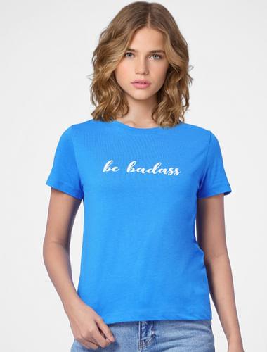 blue text print t-shirt