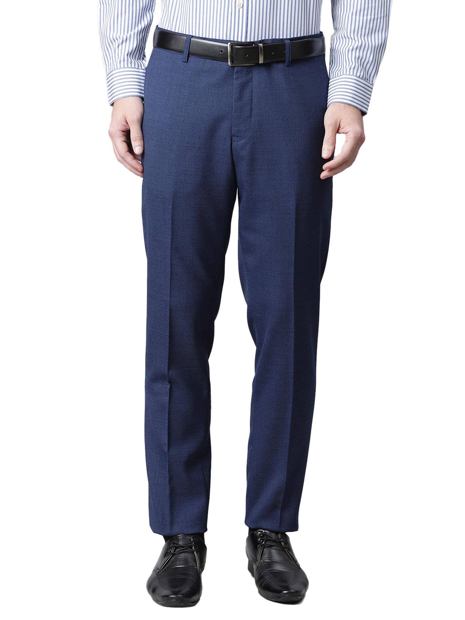 blue textured regular fit trousers