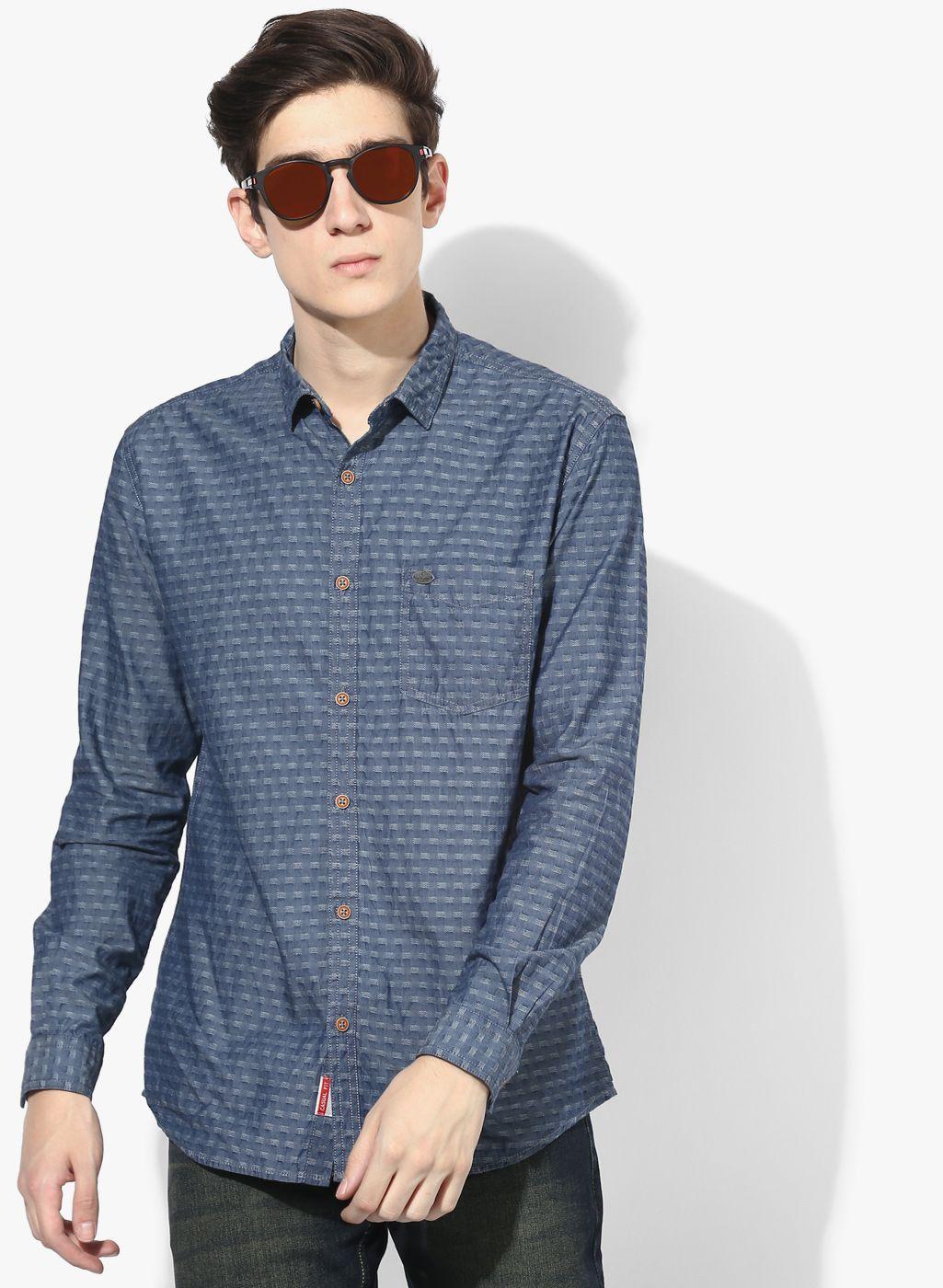 blue textured slim fit casual shirt