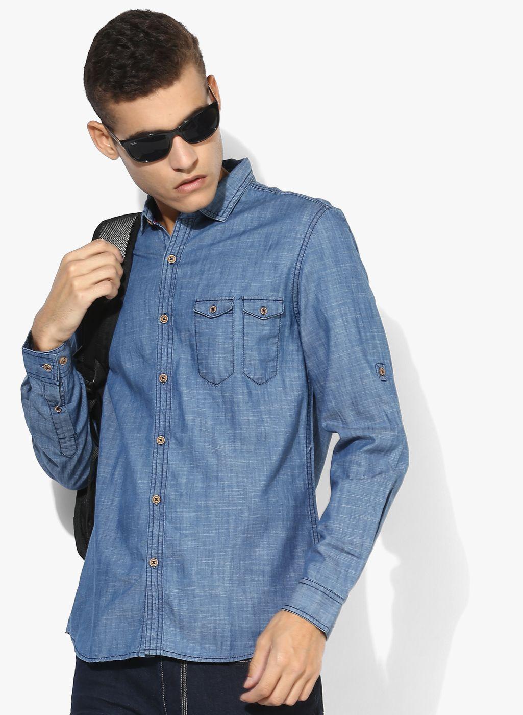 blue textured slim fit denim shirt