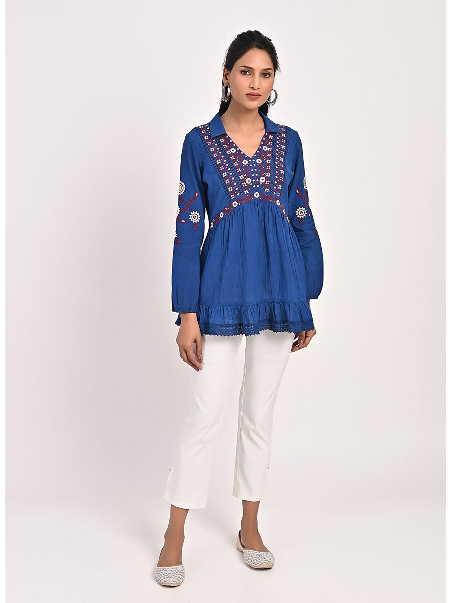 blue thigh-length boho tunic with collar & full sleeves