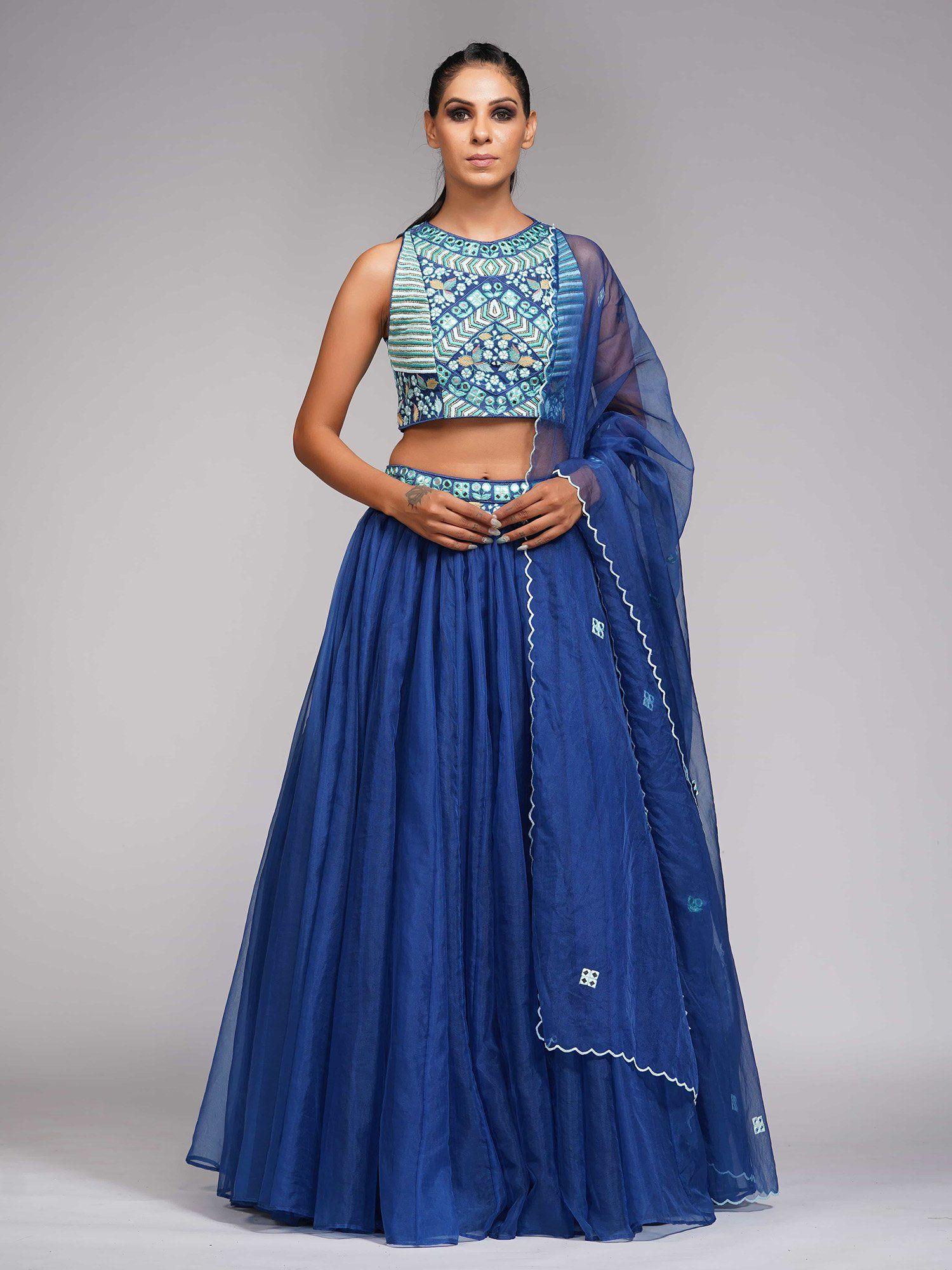 blue thread and mirror work lehenga (set of 3)