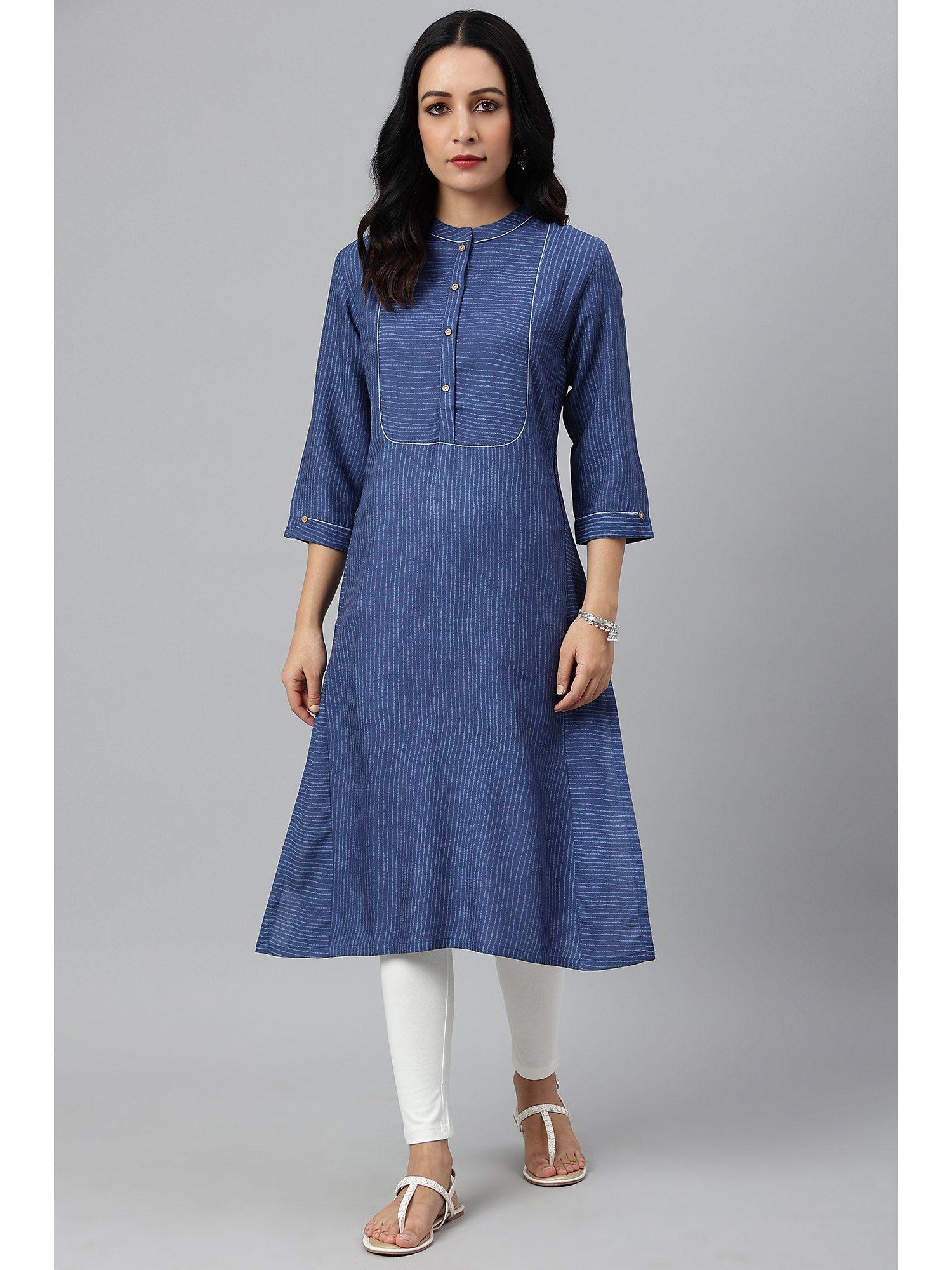 blue thread embroidered rayon kurta